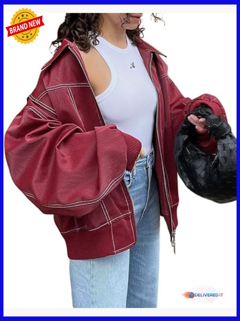 Faux Leather Moto Jacket Oversized Zip Up Winter Coat